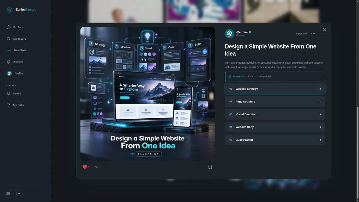 Ednim Explore Blueprint showing a reusable AI workflow created by a creator