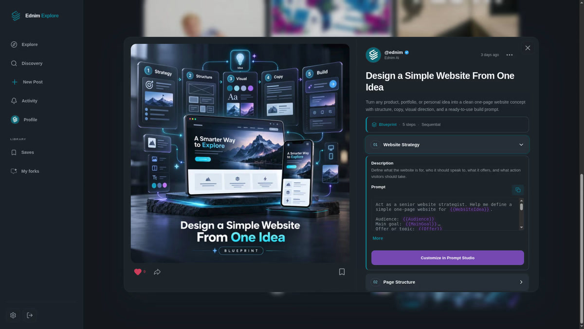 Ednim Explore Blueprint displaying a reusable AI workflow created by a creator