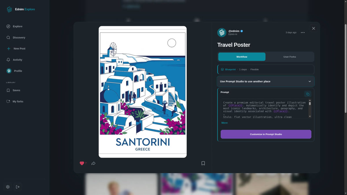 Ednim Explore discovery feed with trending AI prompts, Blueprint workflows, and creations