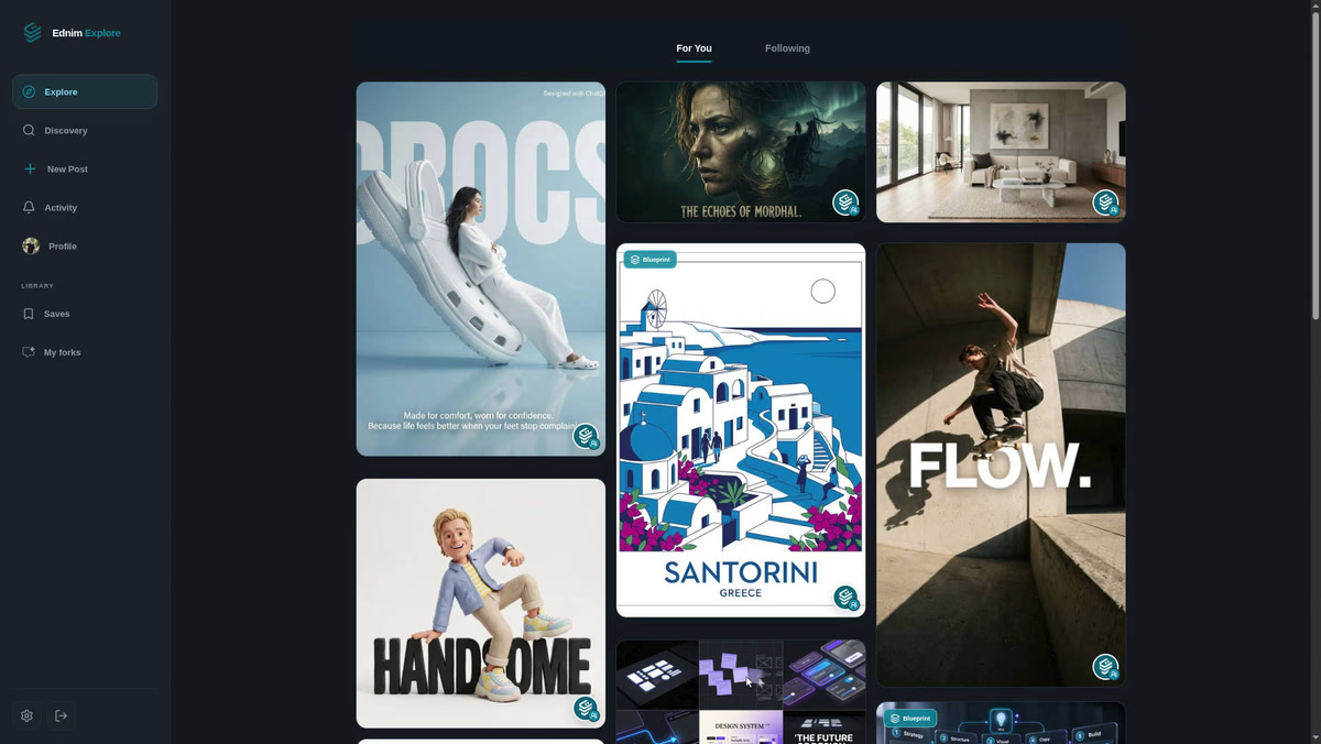 Ednim Explore discovery feed with trending AI prompts, skills, and creations
